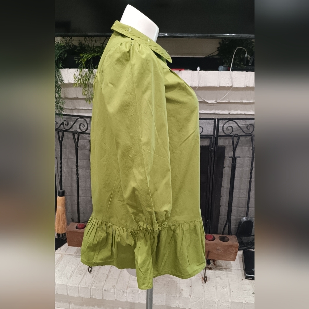 Day + Moon Mini Dress Sz M Olive Green Star Embroidered Collared Ruffle Cotton - Picture 5 of 12